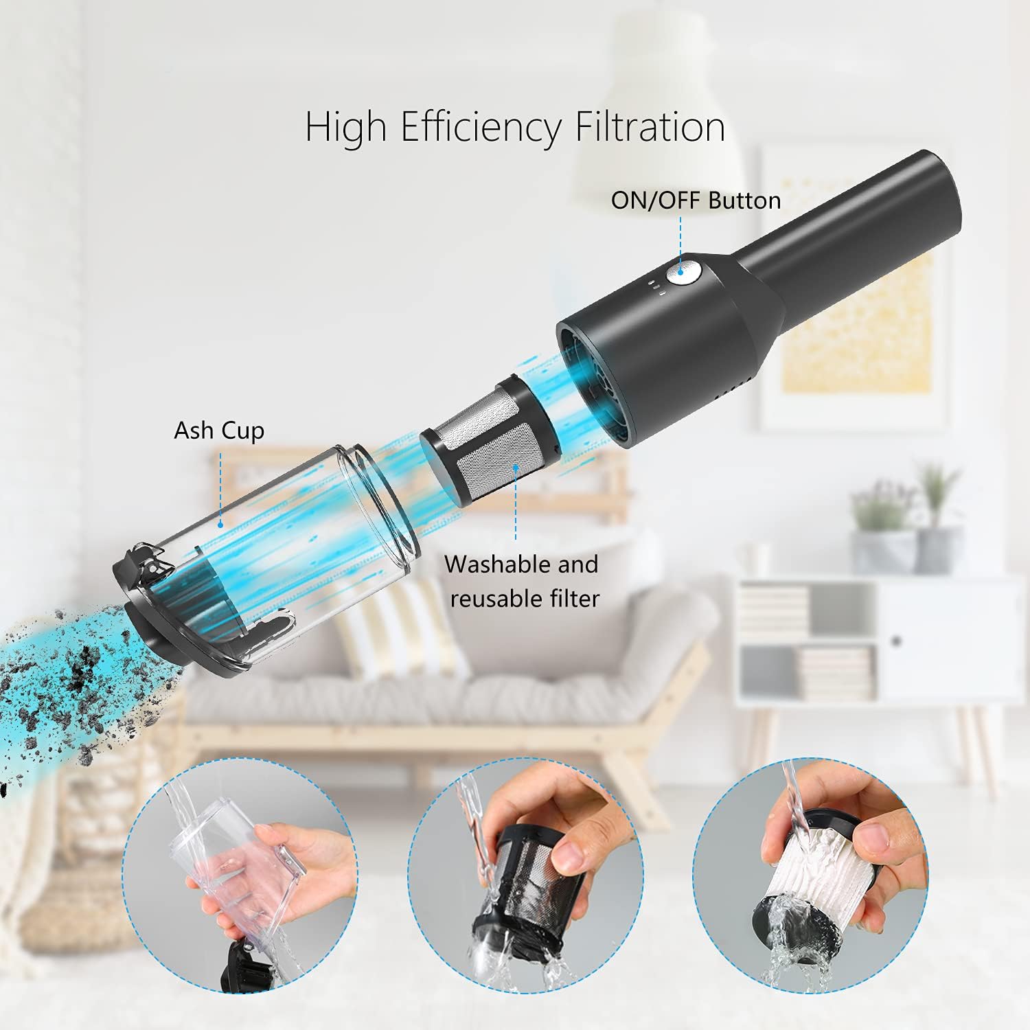 Handheld Vacuum-Hand Vacuum Cordless Rechargeable, Powerful Portable Vacuum with Stainless Steel Filter and One Button Dumping, Dry Vacuum for Home and Car Cleaning, Black, KB-1903 -