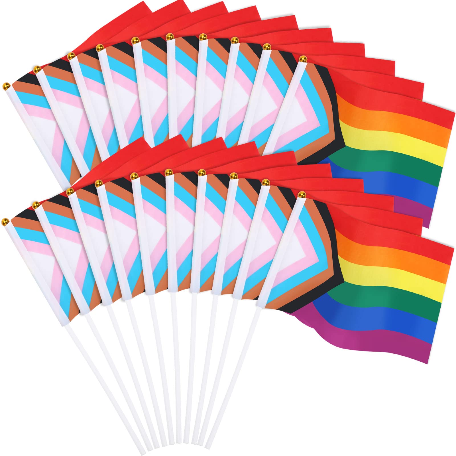 JUNEBRUSHS Pride Progress Pride Flags, 20Pcs 14 × 21cm Mini Handheld LGBTQ Rainbow Trans Flags Pocket Gay Lesbian Flags Pride Day Party Decorations