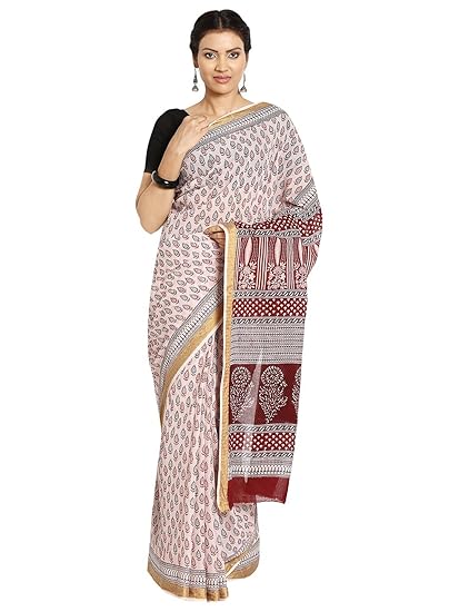 Finest Quality Cotton-Handmade Light pink base Saree and Maroon,Black Booti, Zari Border-Bagh Block Print Saree with Blouse Piece