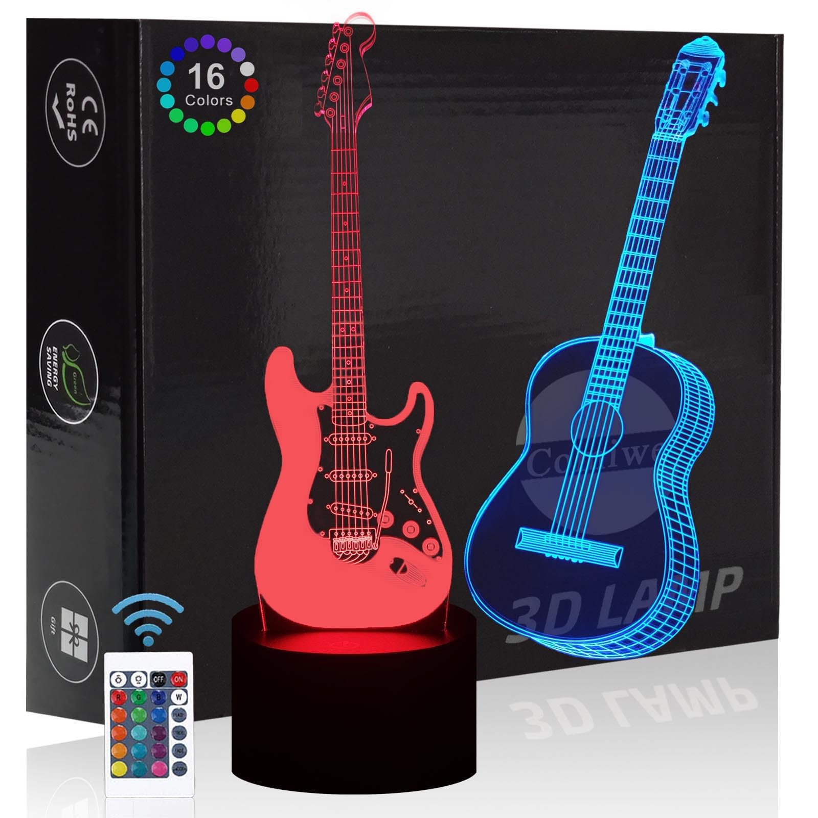 Comiwe Guitar 3D Illusion Night Light Toys,16 Colors Change Smart Touch & Remote Control,Home Decor LED Bedside Table Desk Lamp,Christmas Birthday Gift for Girls Boys Kids Adults Guitar Lover Player