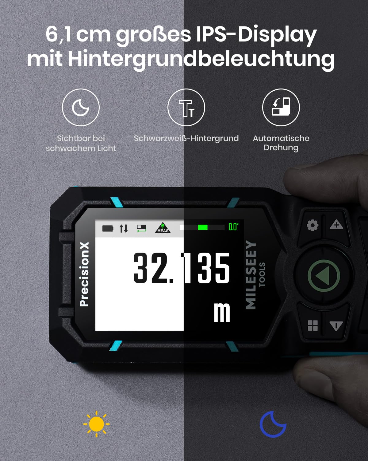 MiLESEEY S50 Laser Entfernungsmesser mit Grünem Strahl, 120 m Lasermessgerät, P2P Laser Messgerät, Seitliche Laserausrichtung, Wiederaufladbar, 6,1 cm IPS-Display, Innen Außen 6