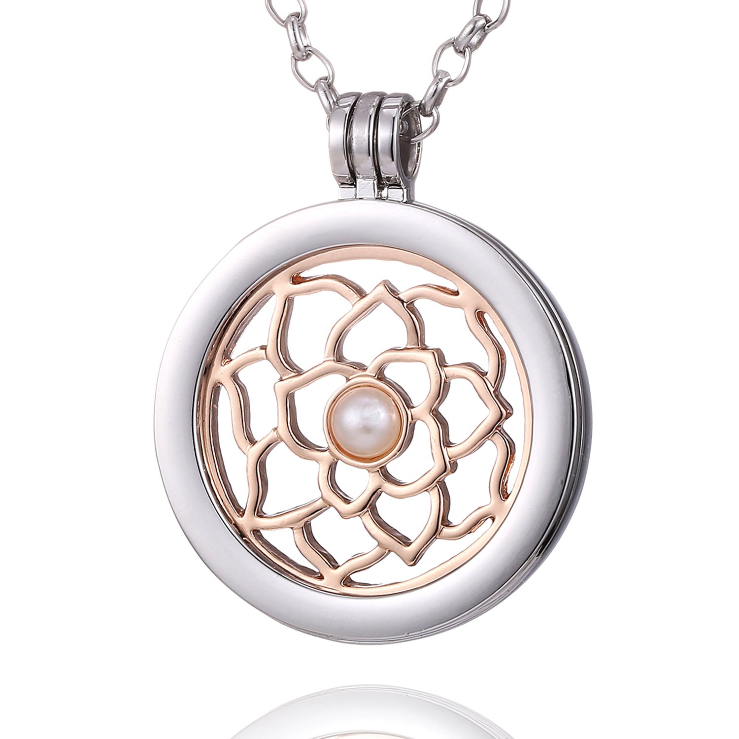 Morella Women Necklace 70 cm 27.5" Stainless Steel with Lotus Flower Coin 33 mm 1,3" Pink Gold in a Velvet Jewelry Bag — image 1