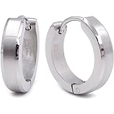 Pair Stainless Steel Bevel Edge Hoop Huggie Men Earrings Black Gold-tone Silver-tone 16mm