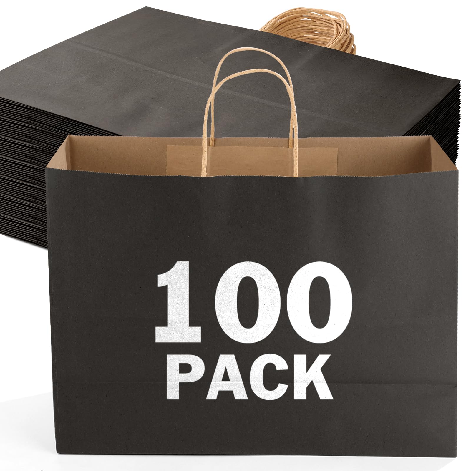 Photo 1 of XPCARE 100Pack Large Kraft Paper Bags with Handles Bulk, 16x6x12 Inch Black Paper Bag Kraft Shopping Bags for Business Merchandise Wedding Party Favor Bag
