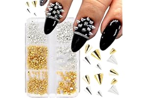 JERCLITY 1Box Gold and Silver Cone Nail Charms Alloy Mini Metal Rivet Nail Charms for Acrylic Nails Flat Base Punk Style Cone Nail Studs Cone Spike Nail Rivets for Women Nail Art