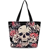 ZhuVantrix Floral Skull Tote Bag Reusable Grocery Bags Cute Aesthetic Shopping Shoulder Handbag with Interior Zipper Pocket Lightweight & Washable Stylish Floral Skull Present for Women