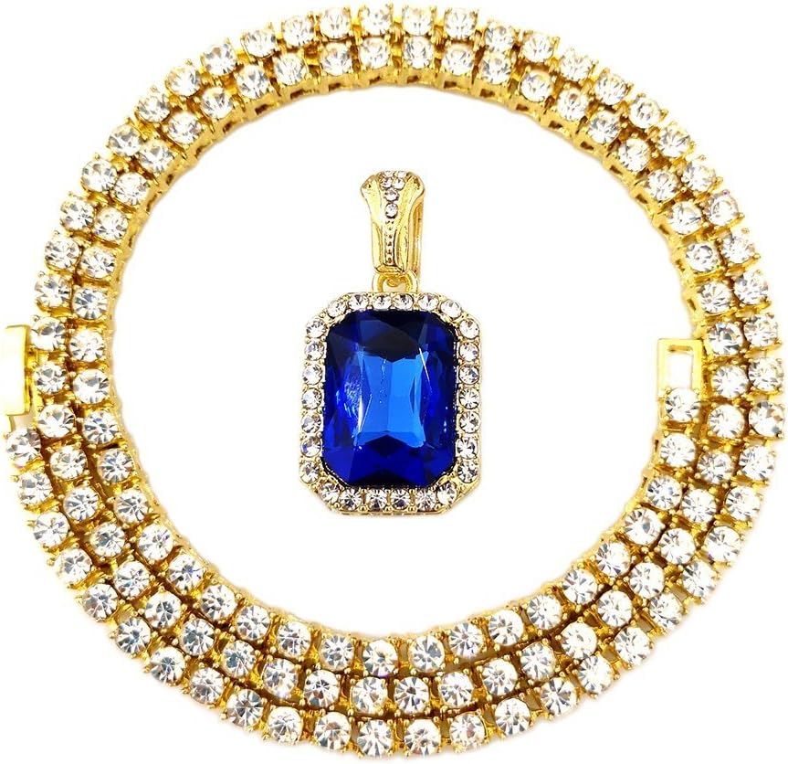 Iced Out Ruby Pendant Tennis Chains for Men Women Silver Gold Plated 24 Inches