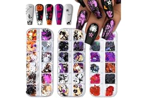 CTTHNBD 3 Boxes Halloween Nail Art Sequins 3D Holographic Pumpkin Face Spider Ghost Skull Halloween Nail Glitter Sequins Nail Art Supplies Decorations for Women 36 Styles