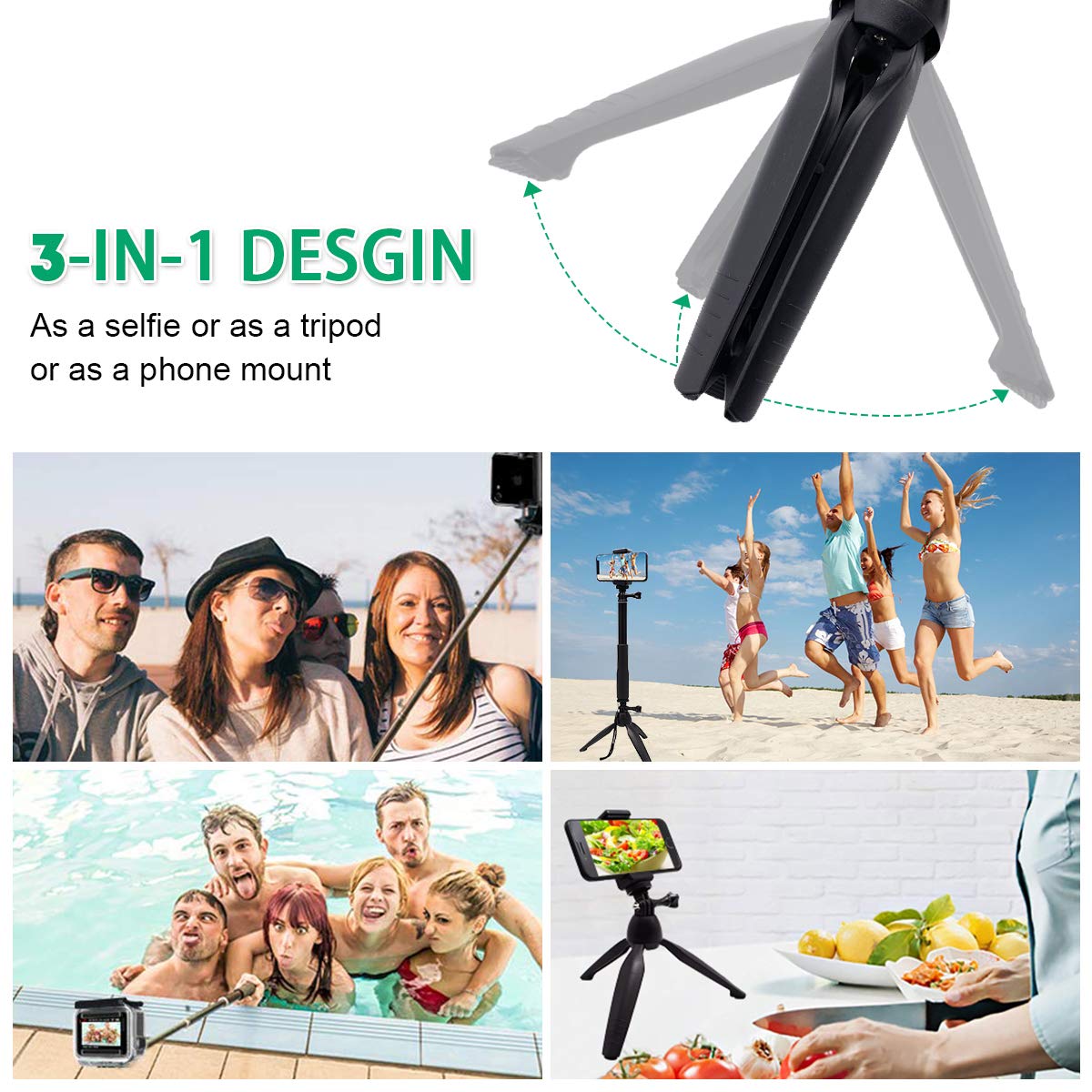 SYOSIN Selfie Stick, 3 in 1 Extendable Selfie Stick Tripod with Detachable Bluetooth Wireless Remote Lightweight Phone Holder (BK)