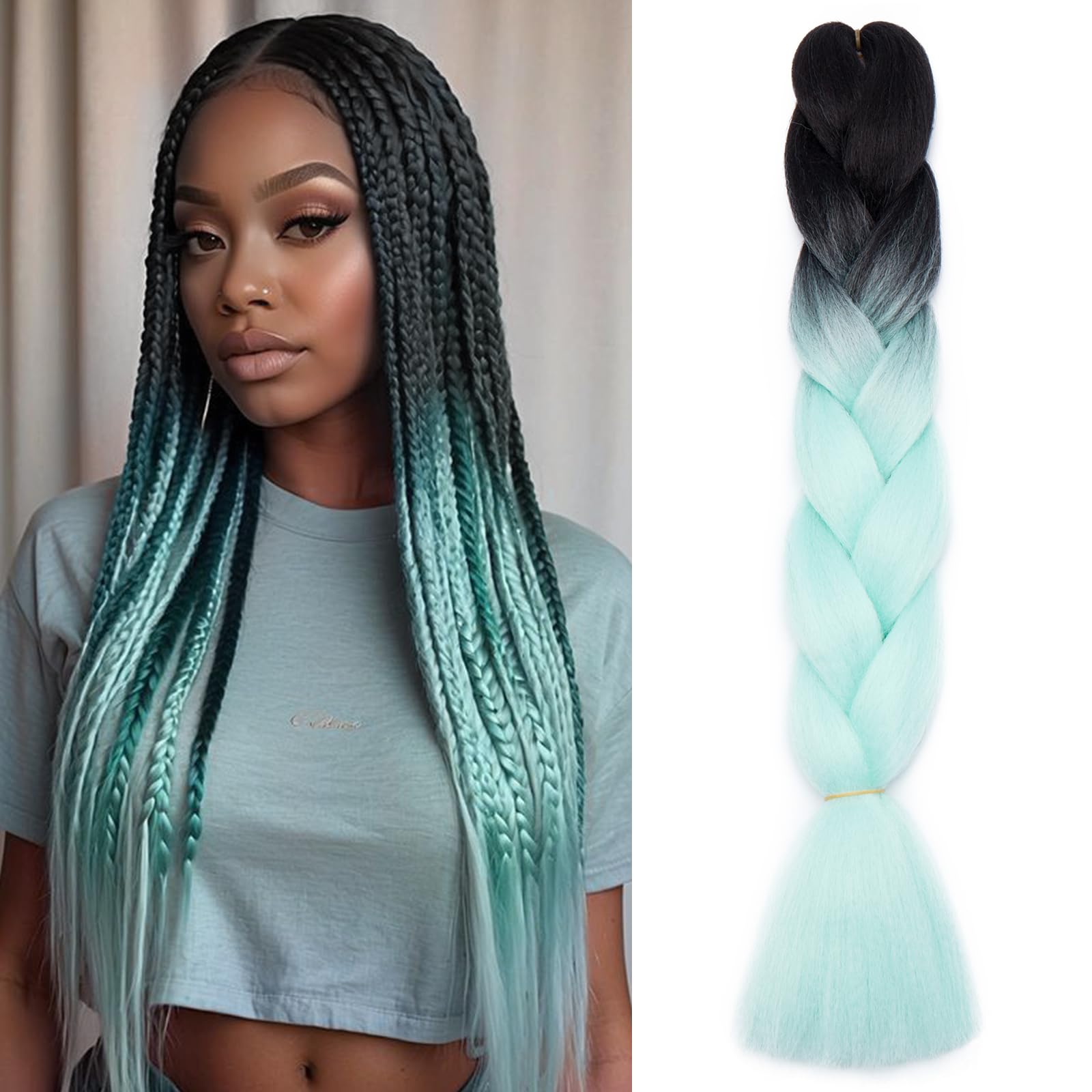 Silk-co Synthetic Hair for Braiding Jumbo Braids Extension 24 inches [100g] Afro Braids Crochet Twist Heat Resistant [Black-Light Green] — image 1