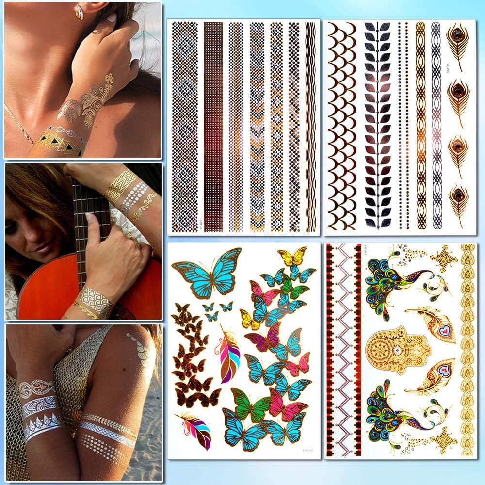 AniSqui Gold Tattoos for Women (12 Sheets Waterproof Festival), Temporary Fake Tattoos for Girls, 12 Count (Pack of 1) - Image 4
