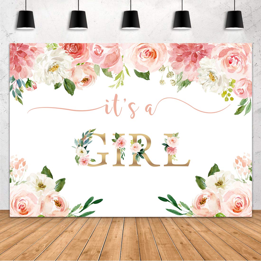 Aperturee It&amp;#39;s a Girl Baby Shower Backdrop Watercolor Pink Floral Photography Background 7x5ft Flower Baby Girl Party Decorations Photo Booth Photoshoot Props Banner Supplies