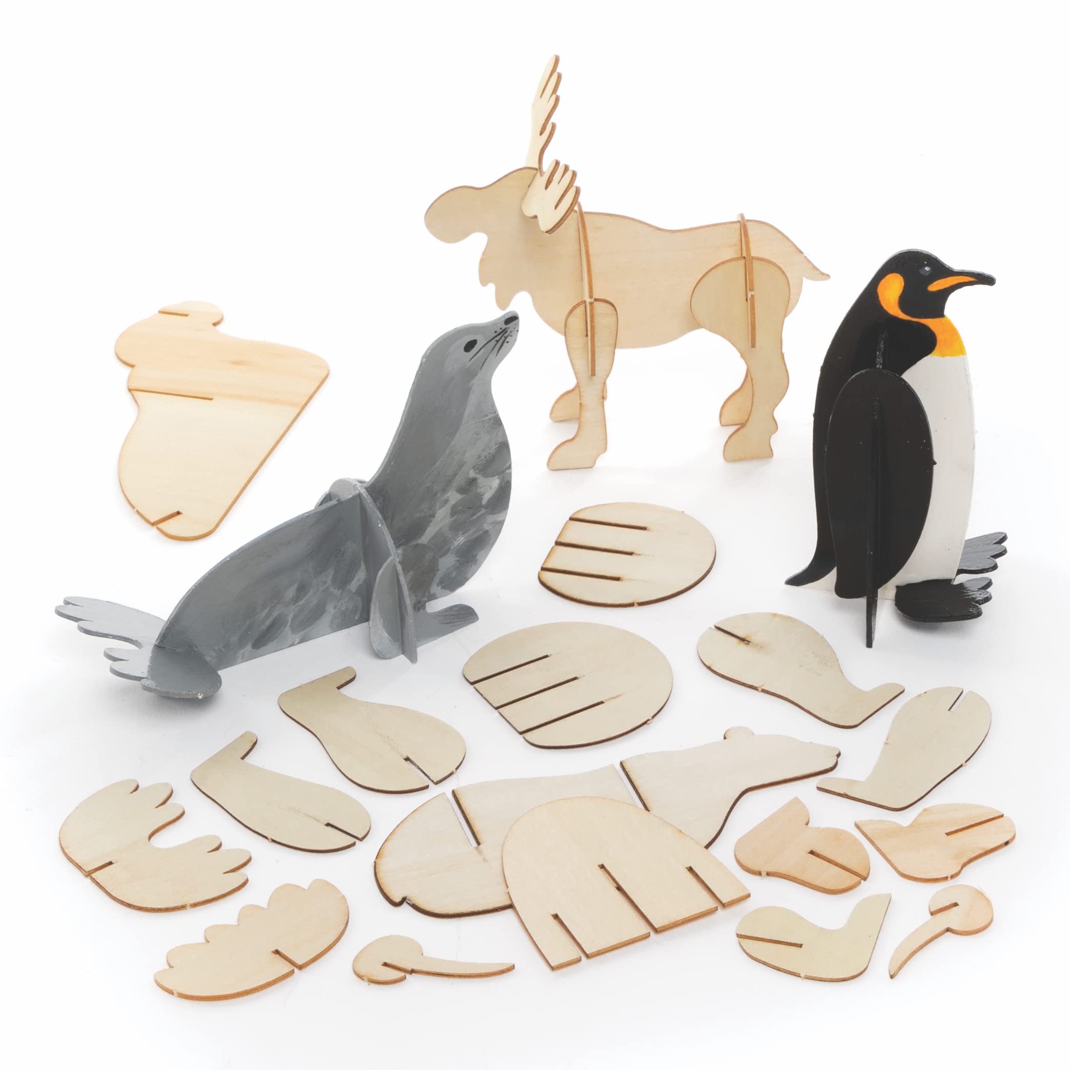 Baker Ross FC265 Arctic Animal Wooden Decorations - Pack of 5, Wooden Crafts to Make, Decorate and Display, Make Your Own Decorations