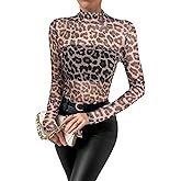 Remidoo Womens Sexy Sheer Mesh Long Sleeve Tops Round Neck Fitted T Shirt
