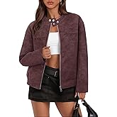 MEROKEETY Women's 2025 Faux Suede Bomber Jackets Trendy Long Sleeve Zip Up Fall Winter Coat Outerwear