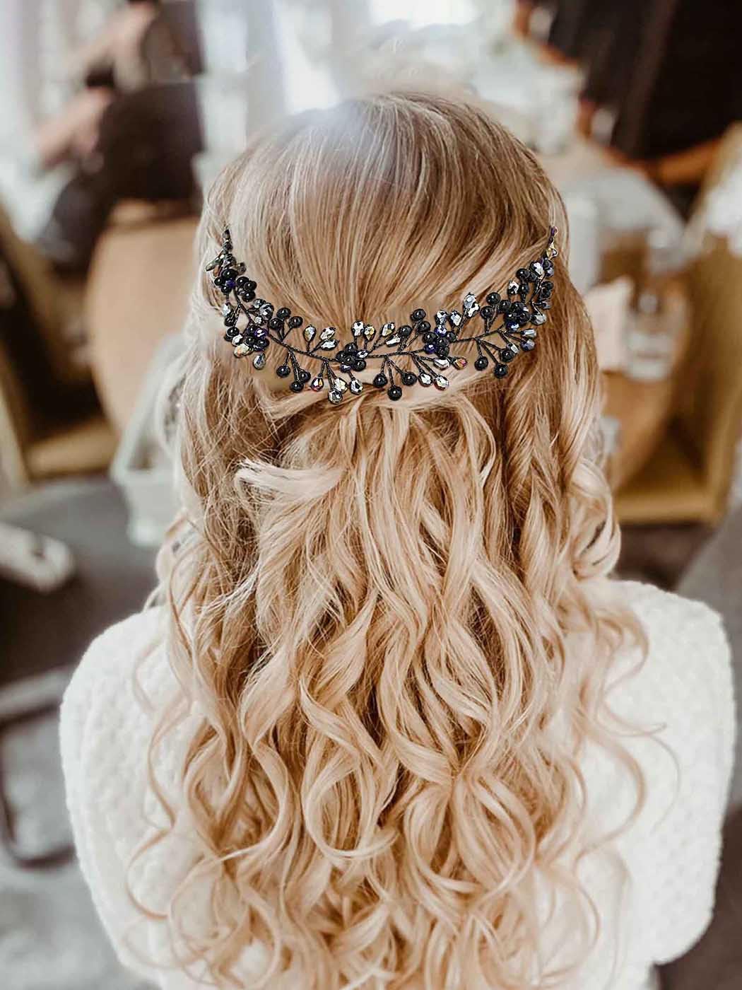 IYOU Crystal Wedding Hair Vines Black Rhinestone Bride Headband Flower Bridal Guest Hair Accessories for Women