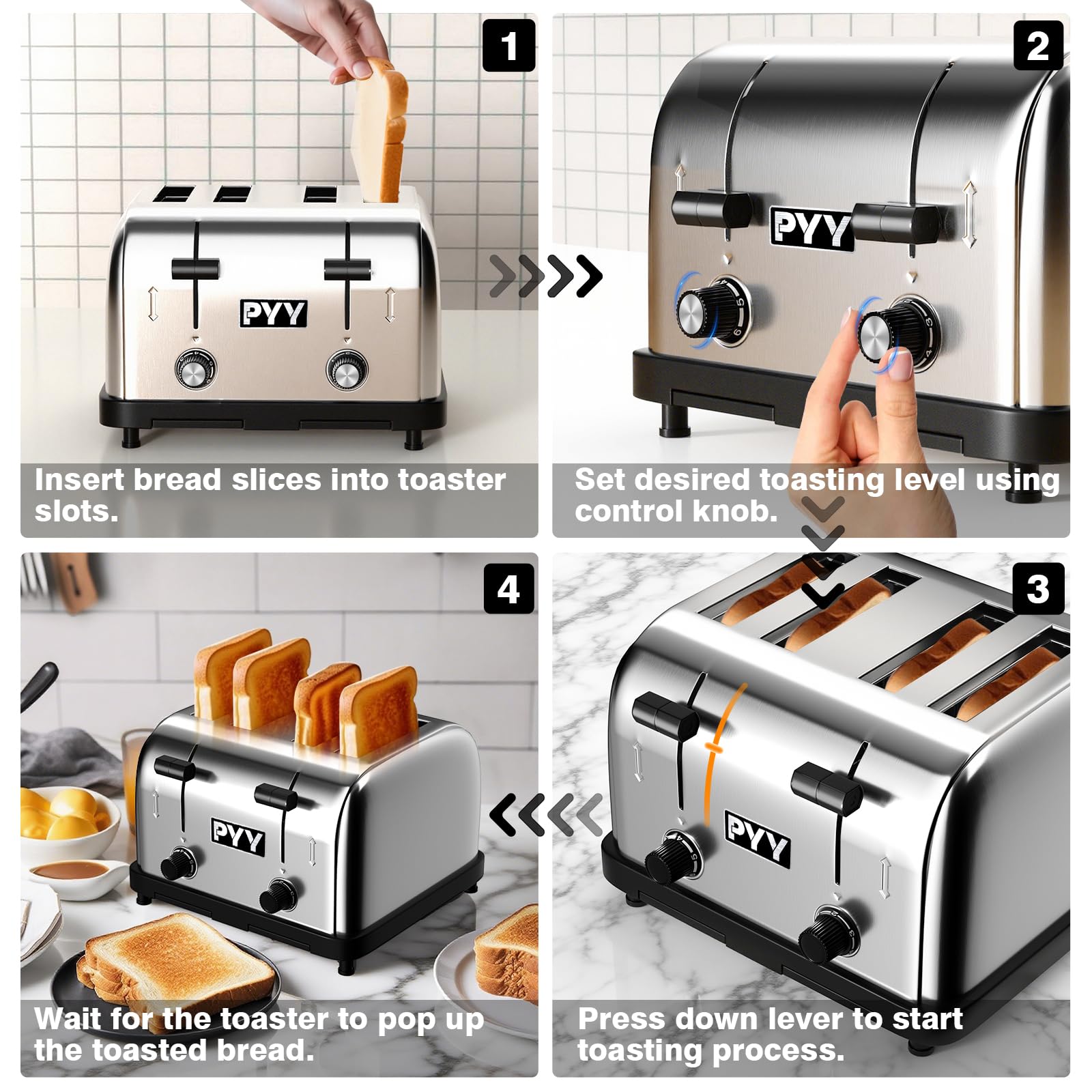 PYY Tostadora comercial de 4 rebanadas para restaurante - Ranuras anchas Ajuste de 6 niveles de acero inoxidable de 1,57 pulgadas, con bandeja para migas extraíble, 225 rebanadas/hora 1800 W - Pan, bagels, desayuno, tostadas de Texas