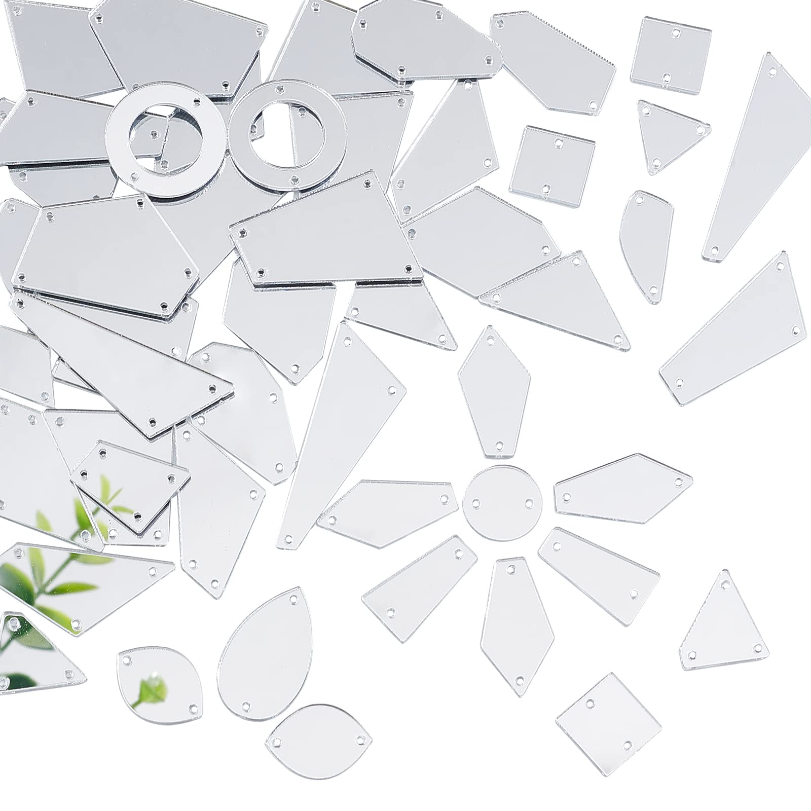 PH PandaHall 50pcs Sew On Acrylic Clear Mirror Rhinestone Crystal Flat Back Mirror Beads with Hole for DIY Wedding Dress Clothing Bags Shoes Decoration Accessory