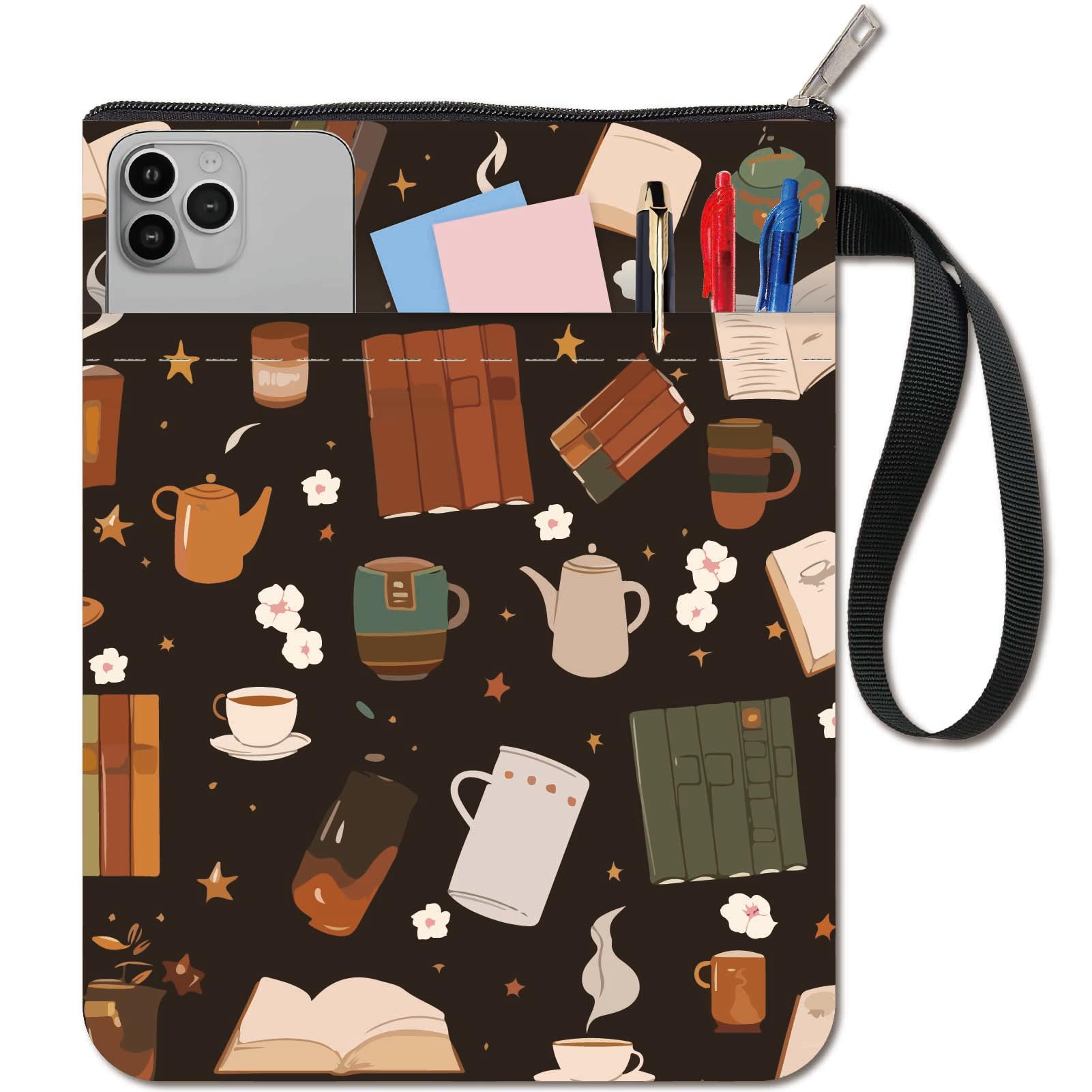 CRASPIRE Vintage Teaware Book Sleeve Protector - Flower Black Cover for Paperbacks - Washable Fabric Cloth With Zipper and Extra Pocket - Gifts for Book Lovers and Classmates