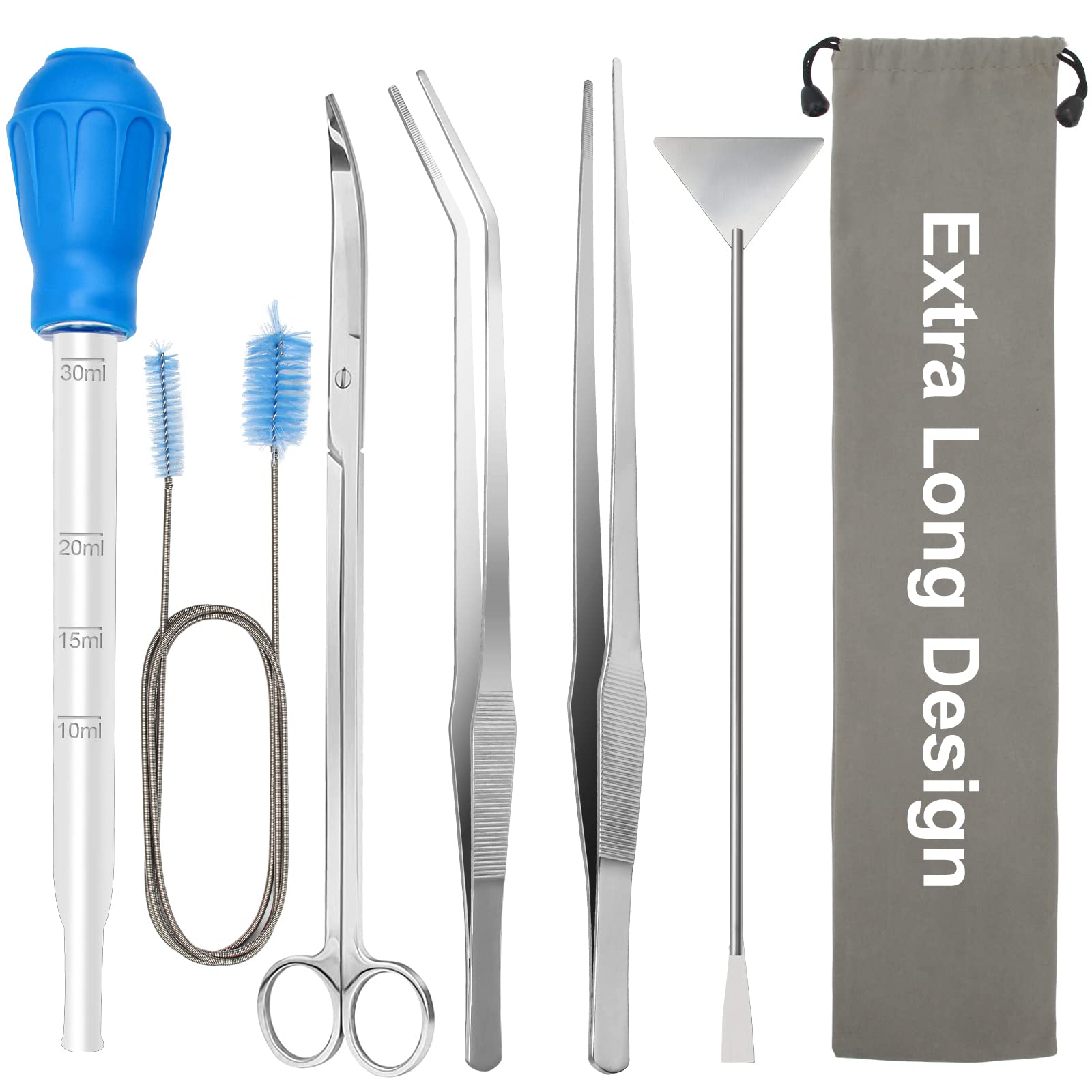 Zhaoyao 38cm Extra Long Aquarium Aquascape Kits, 6 in 1 Aquatic Plant Aquascaping Tool Stainless Steel Tweezers Scissors Spatula for Aquarium Tank Clean Fish Tank Aquascape Tools Sets (Silver)