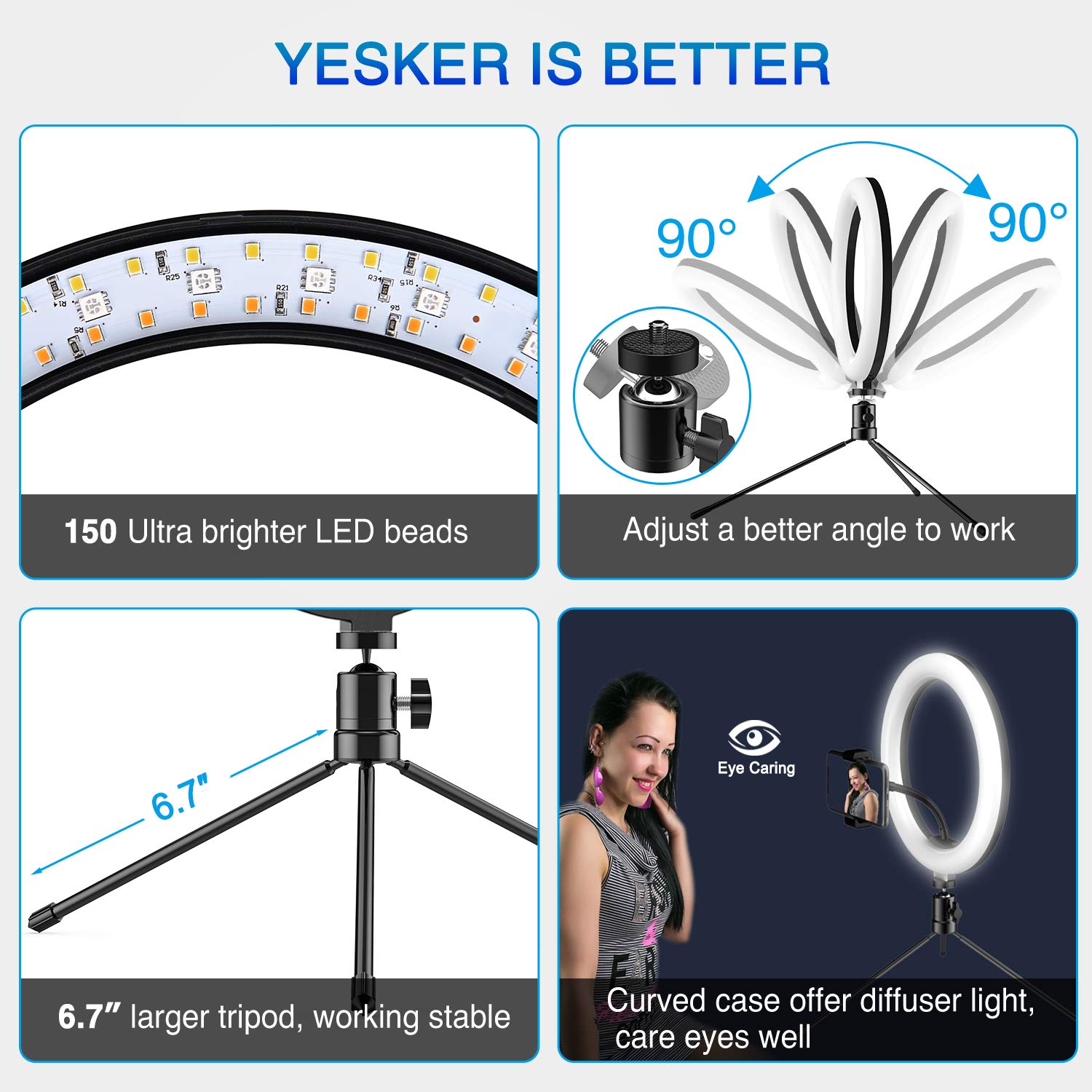 Yesker RGB Ring Light 10 Inch LED Ringlight with Brightness Dimmable 10 RGB Colors with Desktop Tripod Stand and Cell Phone Holder for Video Recording, Makeup, Zoom, Live Stream, Photography