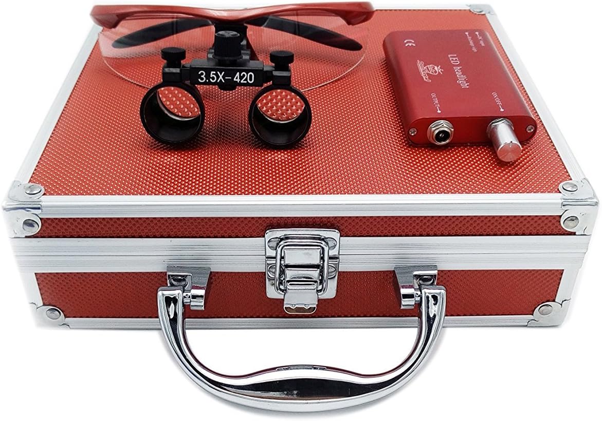 Ocean Aquarius Surgical Binocular Loupes 3.5x420MM Optical Glass with LED Head Light Lamp+ Aluminum Box (Red)