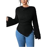BEAUDRM Women's Plus Size Long Bell Sleeve Shirts Ribbed Knit Fall Tops Drawstring Side Cowl Neck Elegant T Shirts