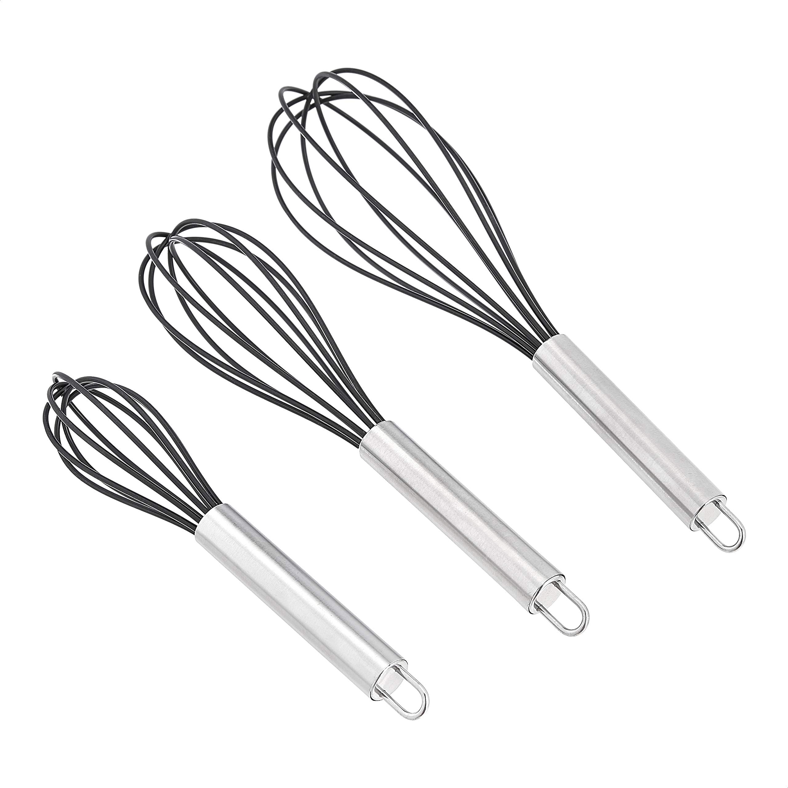 Amazon Basics Stainless Steel and Silicone Non-Stick Coated Whisk Set, Pack of 3, Black, 20.3, 25.4 and 30.5 cm