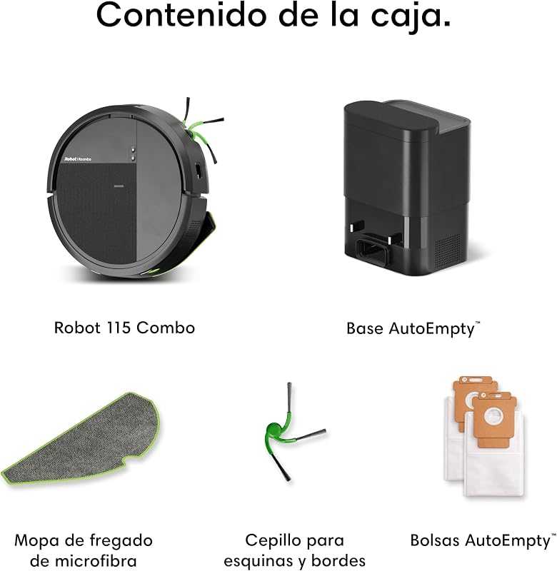 Roomba 115 Combo con Base AutoEmpty, Robot 2en1, Potencia de succión 15000 Pascales, Cepillo Lateral Flexible, Mopa de fregado extendida, 90 días autonomía, Navegación Clearview LiDAR, Negro