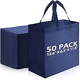 Reginary 50 Pieces Reusable Totes Bag Bulk Shopping Bags Non Woven Grocery handbag with Handles Foldable for Boutiques(Navy Blue)