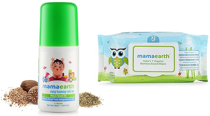Mamaearth Easy Tummy Roll On for Digestion & Colic Relief with Hing & Fennel 40Ml & Indias First Organic Bamboo Based Baby Wipes (72 Wipes) Combo