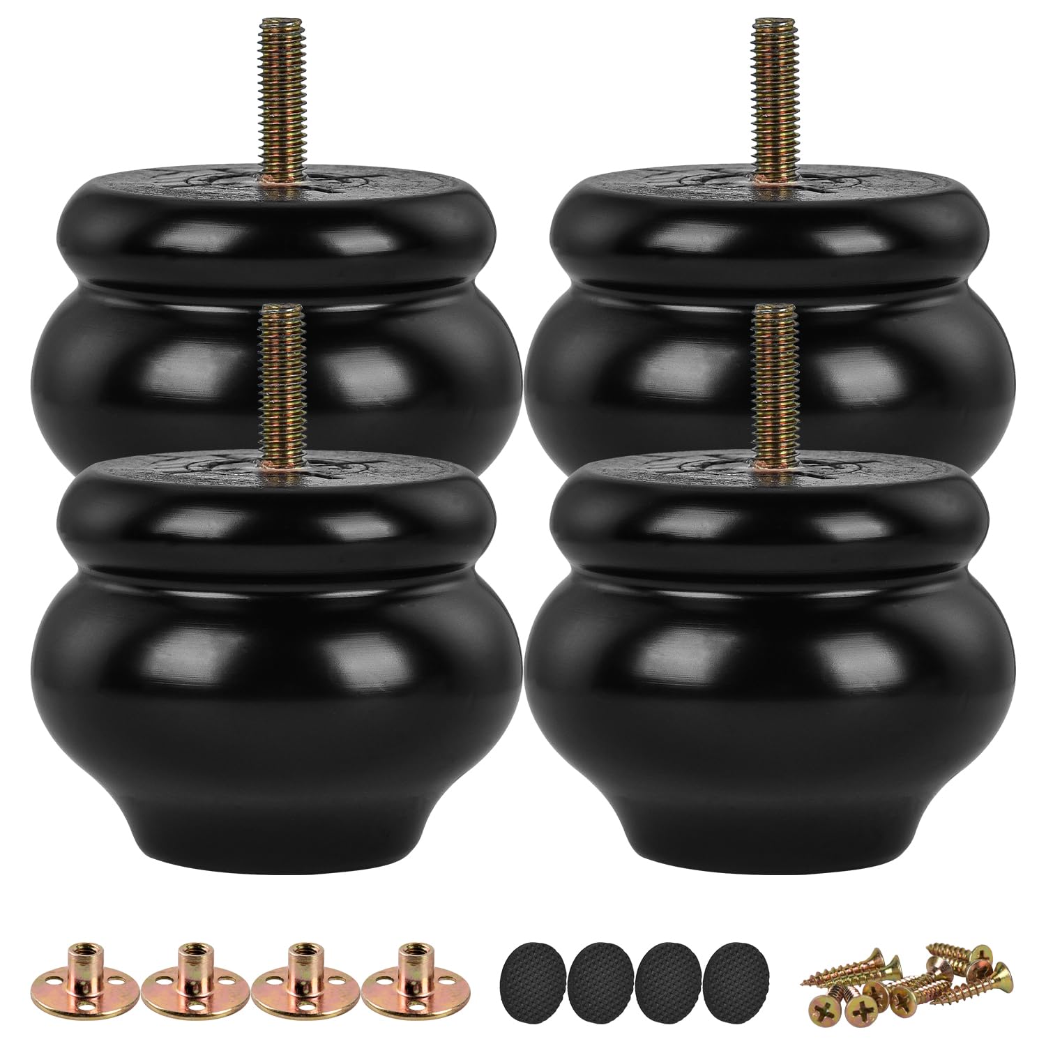 TCHOSUZ 2 inch / 5cm Wooden Furniture Legs, Pack of 4 Classic Black Solid Wood Turned DIY Replacement Bun Feet with M8 Hanger Bolts & T-Nuts for Sofa Couch Ottoman Cabinet Table Riser