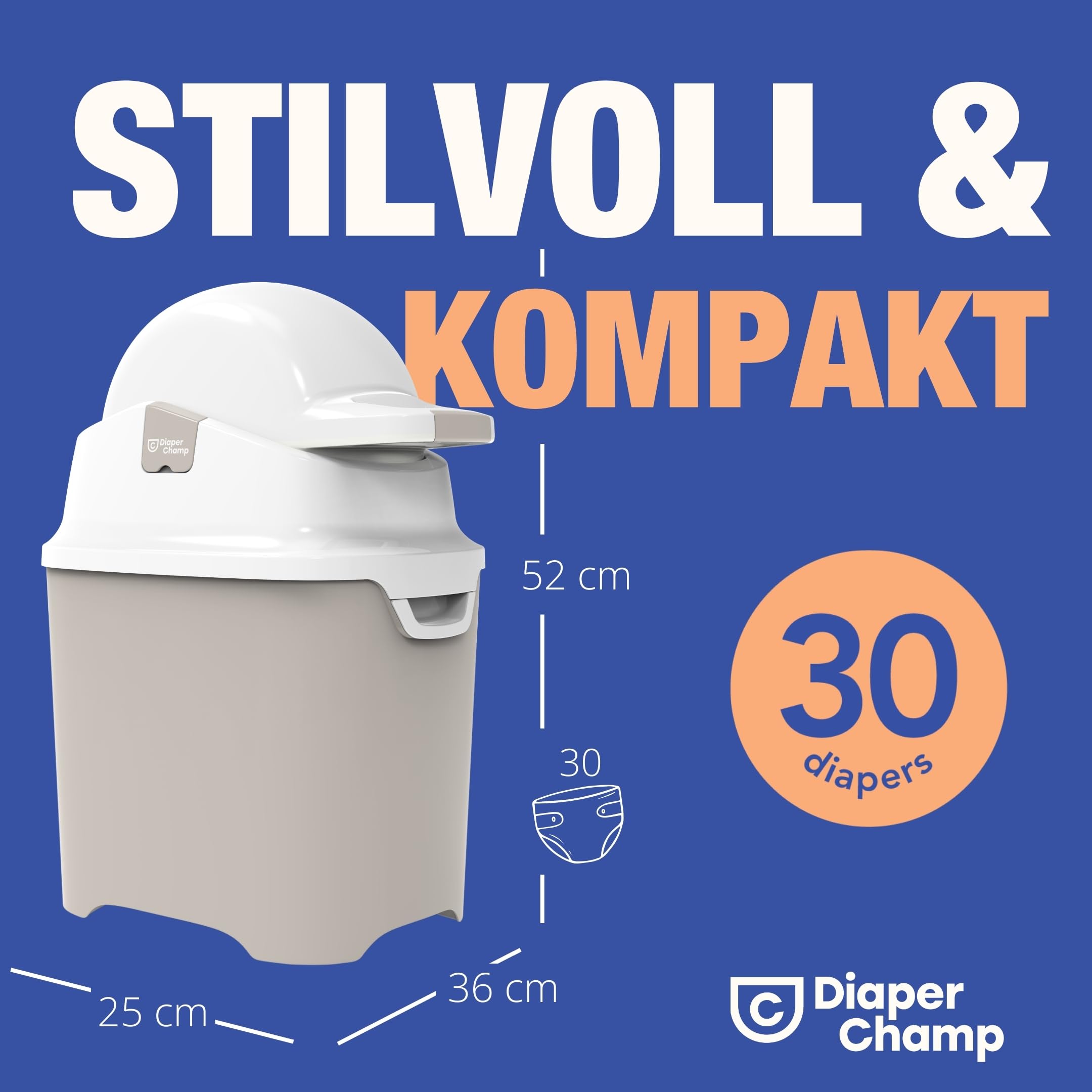 DIAPER CHAMP ONE Windeleimer - geruchsdicht - OHNE Nachfüllkassetten - funktioniert mit normalen herkömmlichen Tüten, Müllbeutel - für ca. 30 Windeln - beige, weiß 3