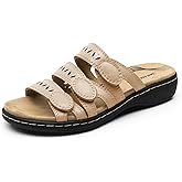 DREAM PAIRS Women's Slide Sandals Comfortable Arch Support Casual Walking Sandals Adjustable Straps Slip On Low Wedge Flat Sandals