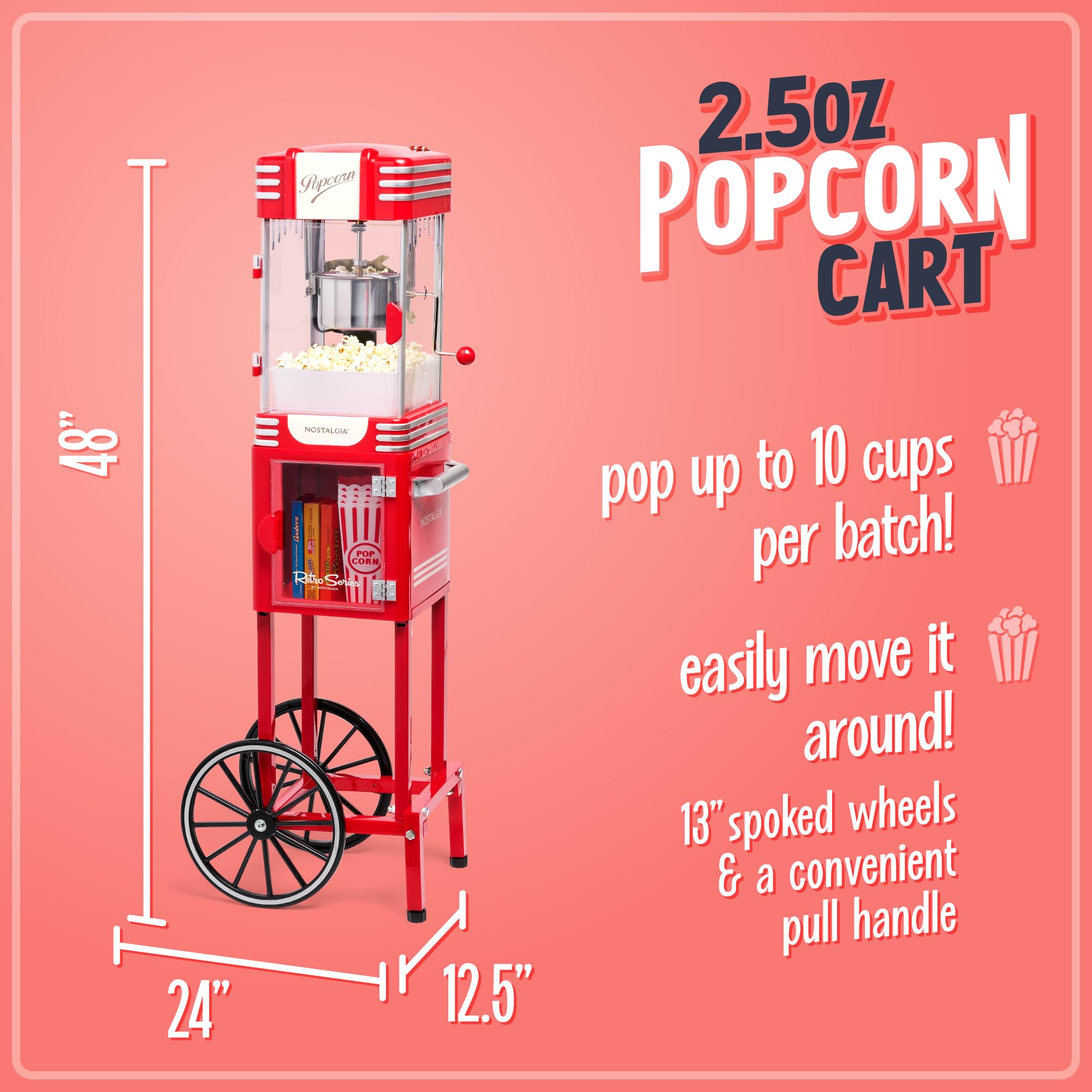 Nostalgia Popcorn Maker Machine - Professional Cart With 2.5 Oz Kettle Makes Up to 10 Cups - Vintage Popcorn Machine Movie Theater Style - Retro Red