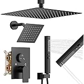 ZETETA Shower Faucet Set, 3-Setting Push Button Matte Black Shower System, 12 Inch Ceiling Mounted Shower Head, 6 Inch Wall Mounted Rain Shower Head with 2 in 1 Handheld Spray, Shower Valve Trim Kit