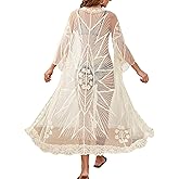 Floerns Women's Embroidery Sheer Mesh 3/4 Sleeve Swimwear Long Kimono Cardigan