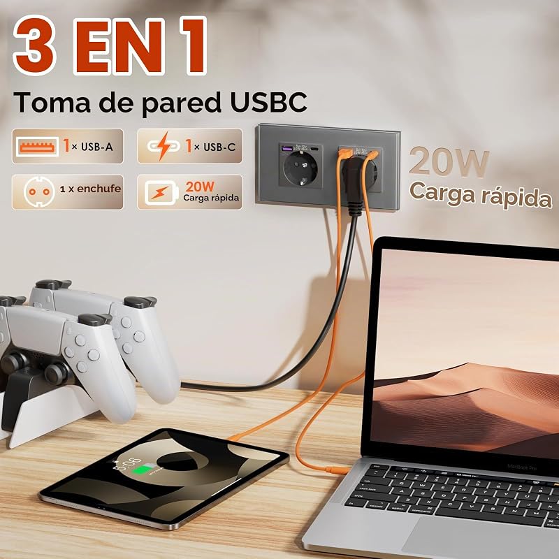 Schuko USB C 20W Pack, 1 x 1 Gang Enchufe + 1 x 2 Gang Enchufe, Toma de Corriente USB Tipo C con Panel de Vidrio, Toma de Corriente Empotrable para Teléfono, Tablet, MP3, Gris