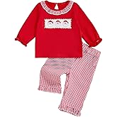 Karuedoo Toddler Baby Girl Christmas Outfit Santa Embroidery Smocked Long Sleeve Ruffle Shirt Top Plaid Pants Set