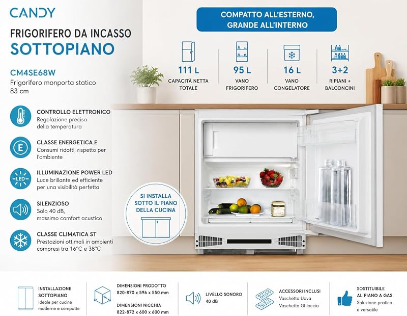 Frigorifero Sottopiano da Incasso 111 Litri, Classe E, Bianco