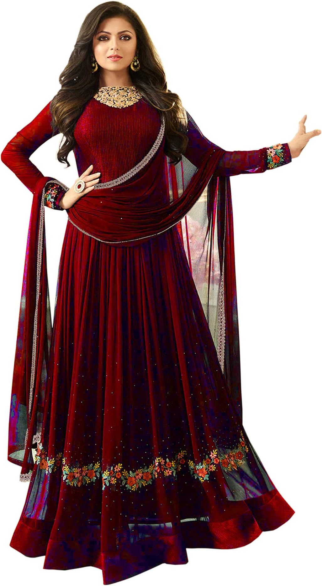 LADIES QUEEN Women's Faux Georgette Long Anarkali Suit (Maroon, Free Size)
