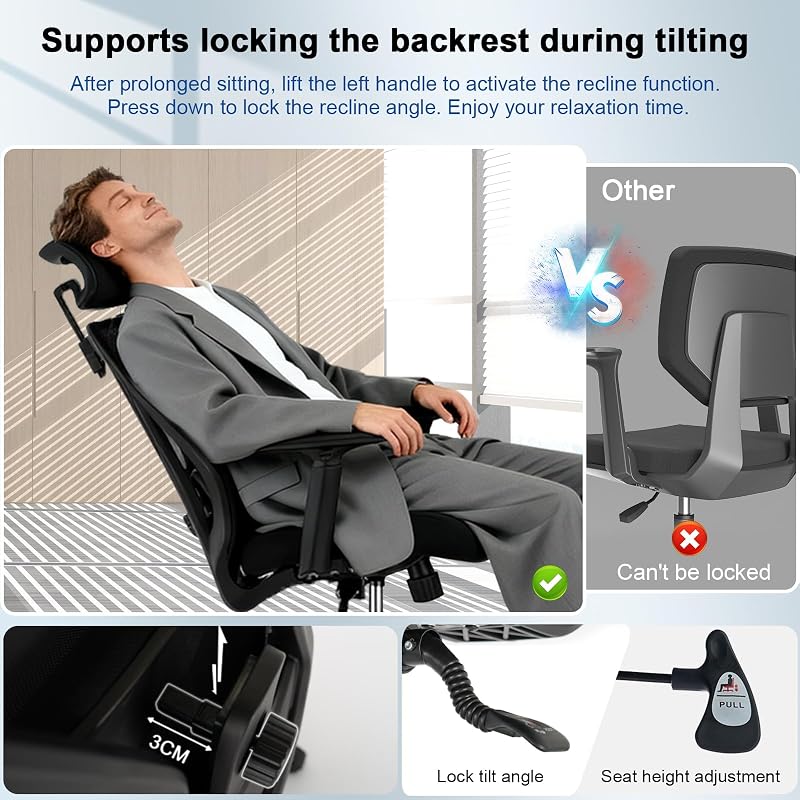 Chaise de bureau ergonomique avec verrouillage d'inclinaison à trois niveaux, chaise pivotante avec appui-tête réglable, accoudoirs et soutien lombaire, chaise de bureau 150 kg