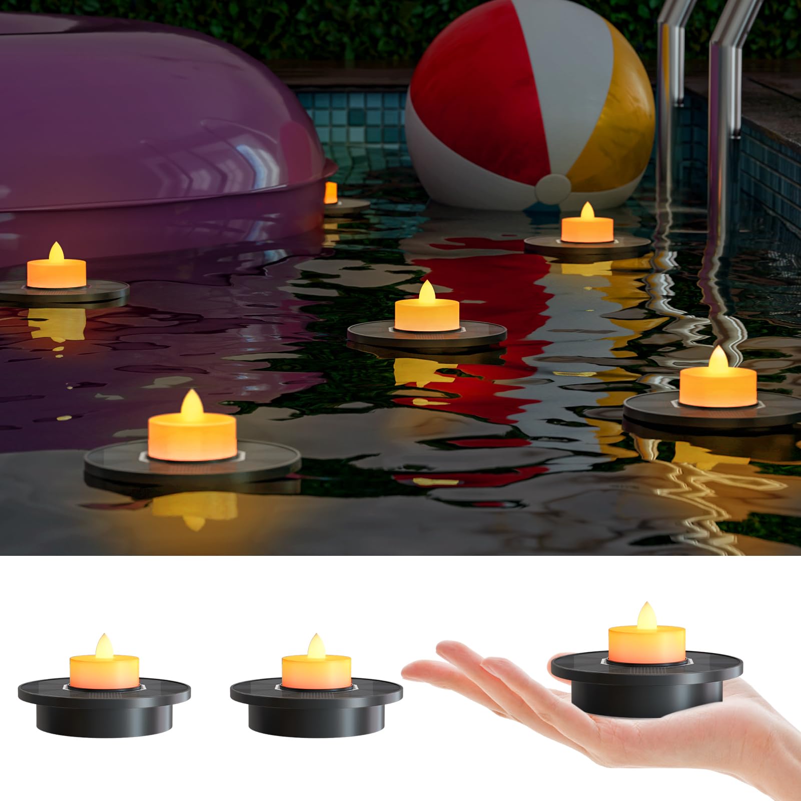 Photo 1 of Solar Floating Pool Lights, 3-Pack Solar-Powered Float Candles Lamps Tea Light for Pond Party Garden Backyard Outdoor Decor