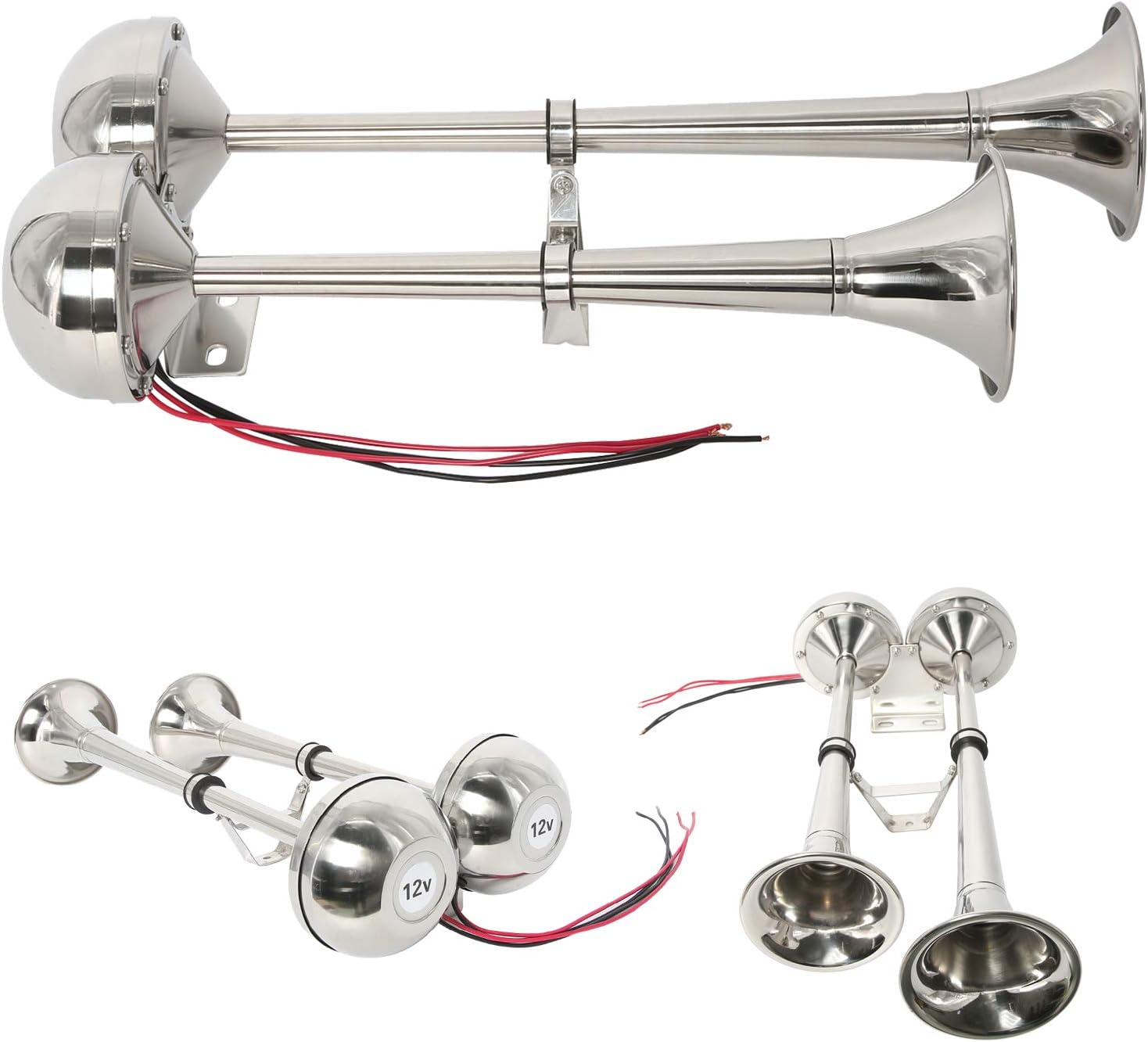 YaeGardenMarine Boat Dual Trumpet Horn Stainless Steel Dual Trumpet Horn 12V Low Tone