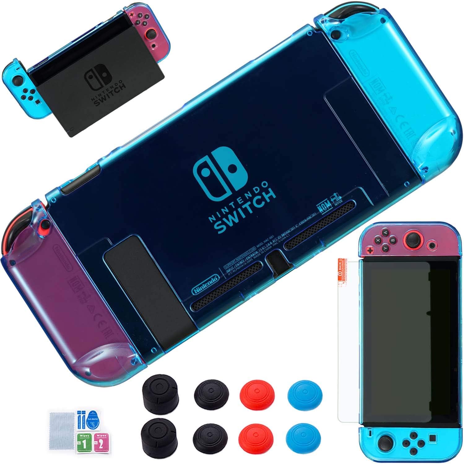 YOOWA 3 in 1 Switch Dockable Case for Nintendo Switch - [Newest Version] Protective Cover Case for Nintendo Switch and Joy-Con Controllers w/8 Thumb Grips Caps and Screen Protector - Blue