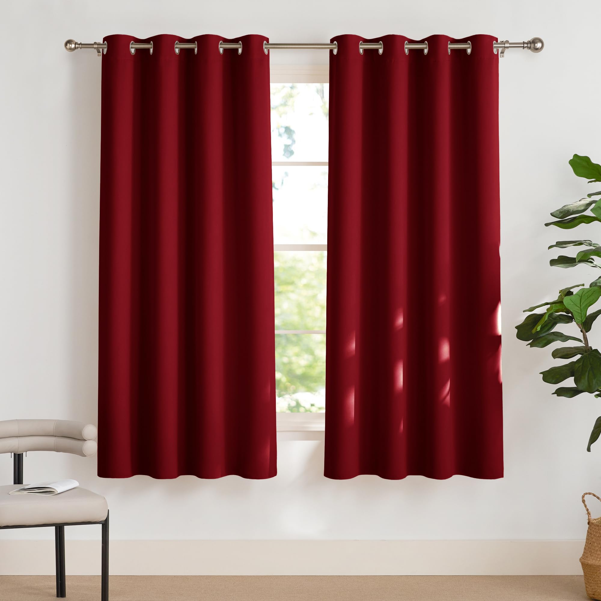 PONY DANCE Thermal Blackout Curtains - 52 x 63 Inch Eyelet Christmas Curtains Modern Style for Home Decoration Light Blocking Drapes for Short French Door, Red, 2 Panels — image 1