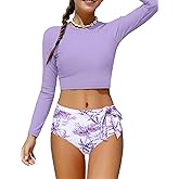 Fuermos Girls Rash Guard Swimsuits 2 Piece Long Sleeve Swimsuit and Tropical Print Bathing Suit Girls' Swimwear 6-14Y