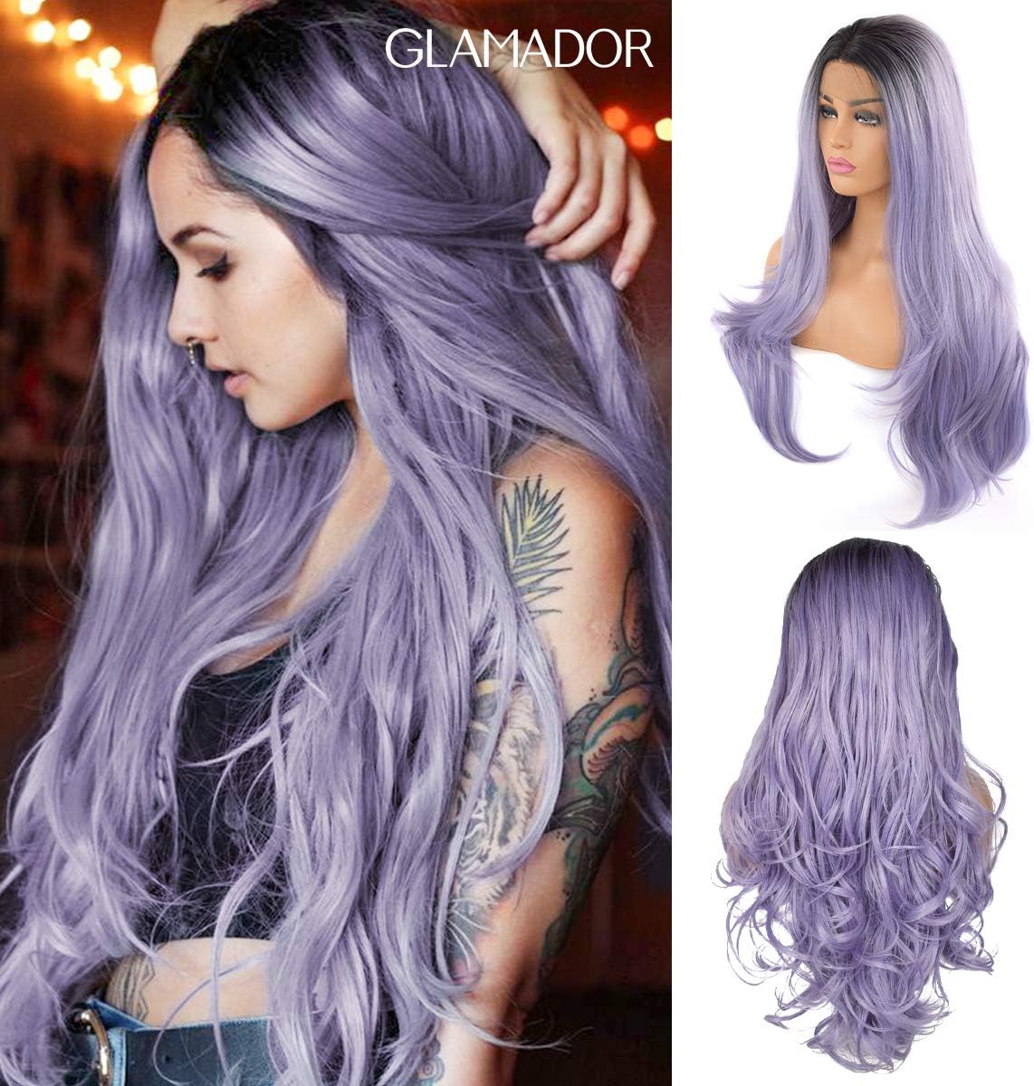 Ombre Purple Lace Front Wig GLAMADOR Natural Long Wavy Synthetic Lace Wig, Women Heat Resistant Middle Part Wigs, Curly Full Replacement Wigs for Women Cosplay Halloween with Wig Cap- 24 Inch