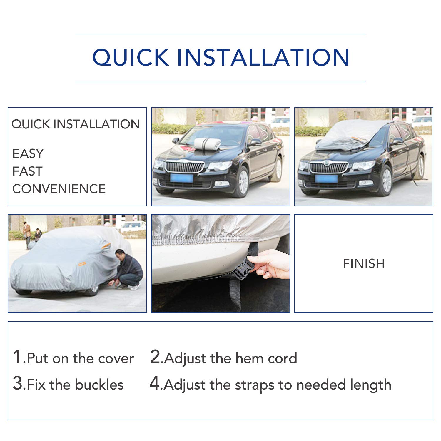 Car Cover Universal Full Car Covers with Zipper Door 6 Layers All Weather Protection Waterproof Windproof Dustproof Scratch Resistant Outdoor UV Protection Car Reflective Strips for Sedan Wagon Use