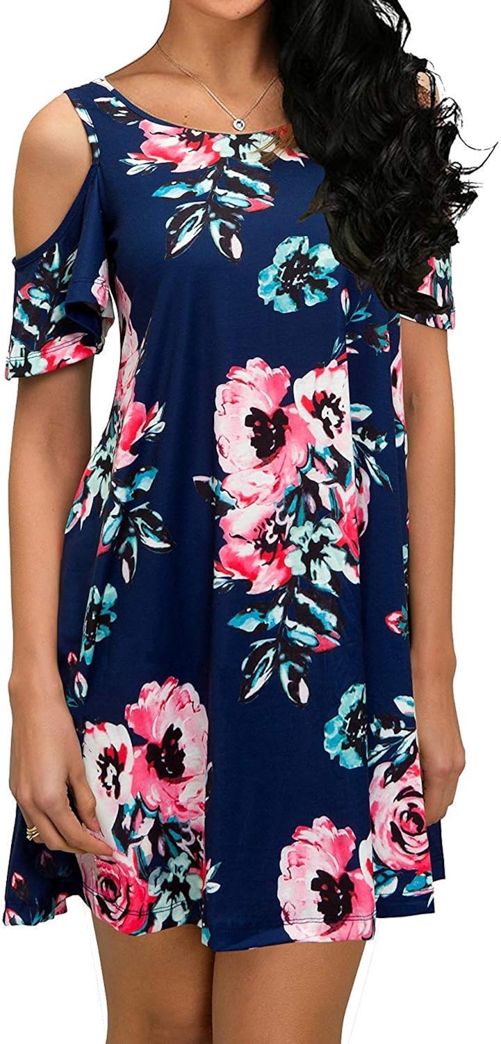QIXING Women's Summer Cold Shoulder Tunic Top Swing T-Shirt Loose Dress with Pockets